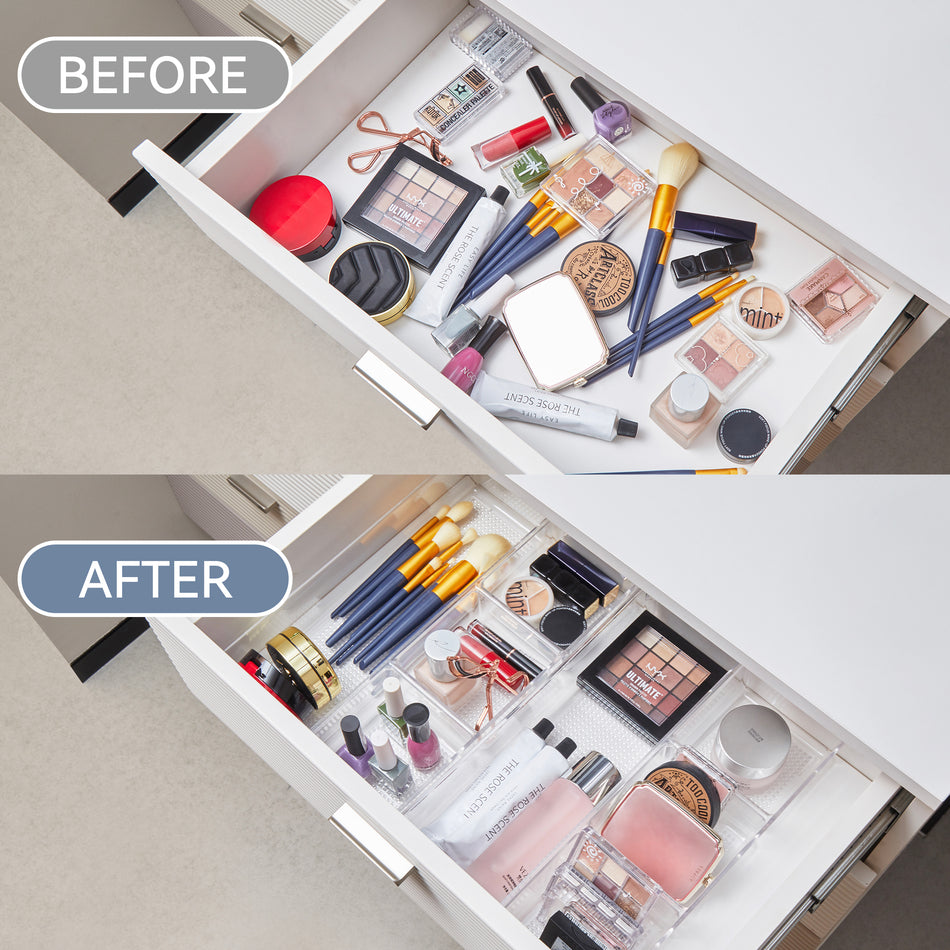 Leeden Clear Drawer Organizer, Drawer Divider Tray for Desk Shallow Cosmetic Organizer, Clear Plastic Storage Trays for Dressing Table,Bathroom (12.99“Lx8.98"W 2.32” Height, 2 Packs)