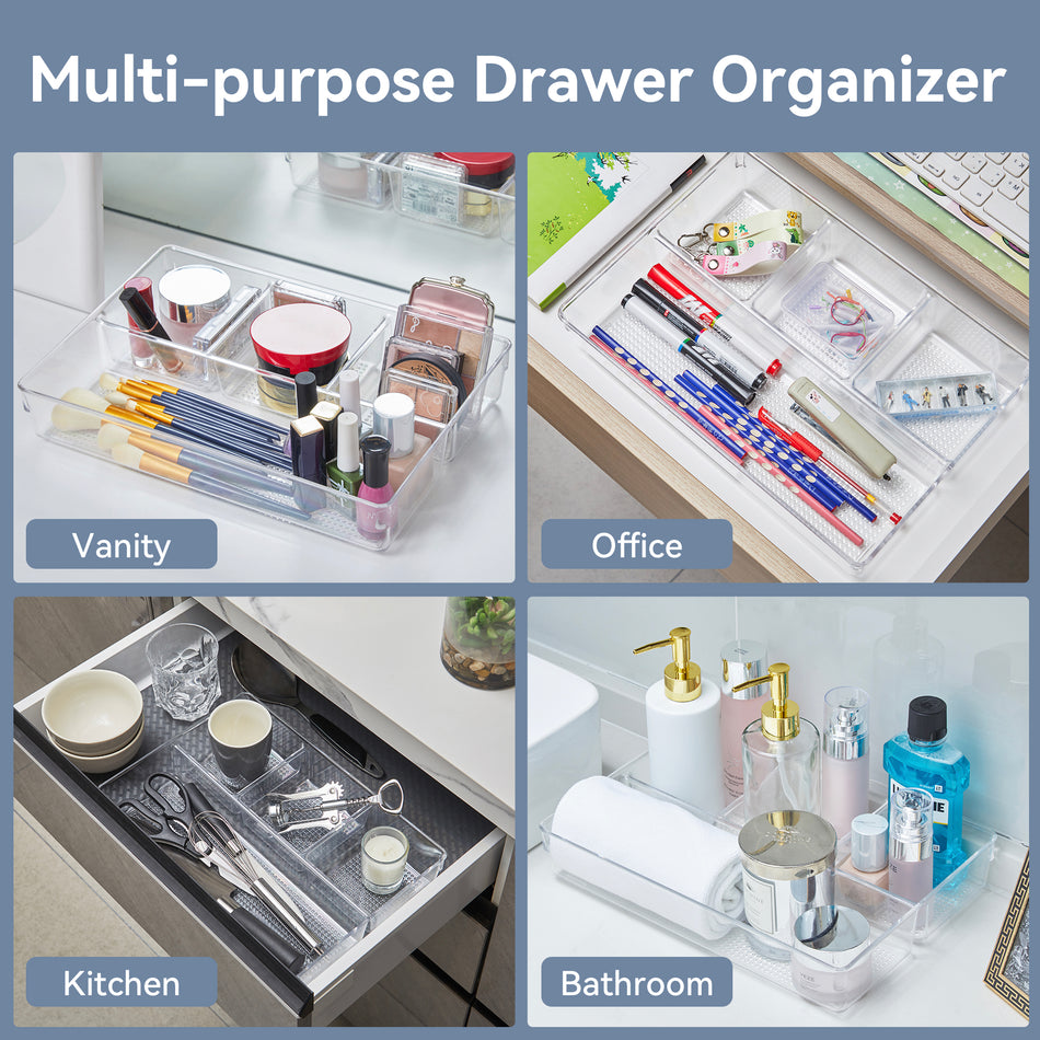 Leeden Clear Drawer Organizer, Drawer Divider Tray for Desk Shallow Cosmetic Organizer, Clear Plastic Storage Trays for Dressing Table,Bathroom (12.99“Lx8.98"W 2.32” Height, 2 Packs)
